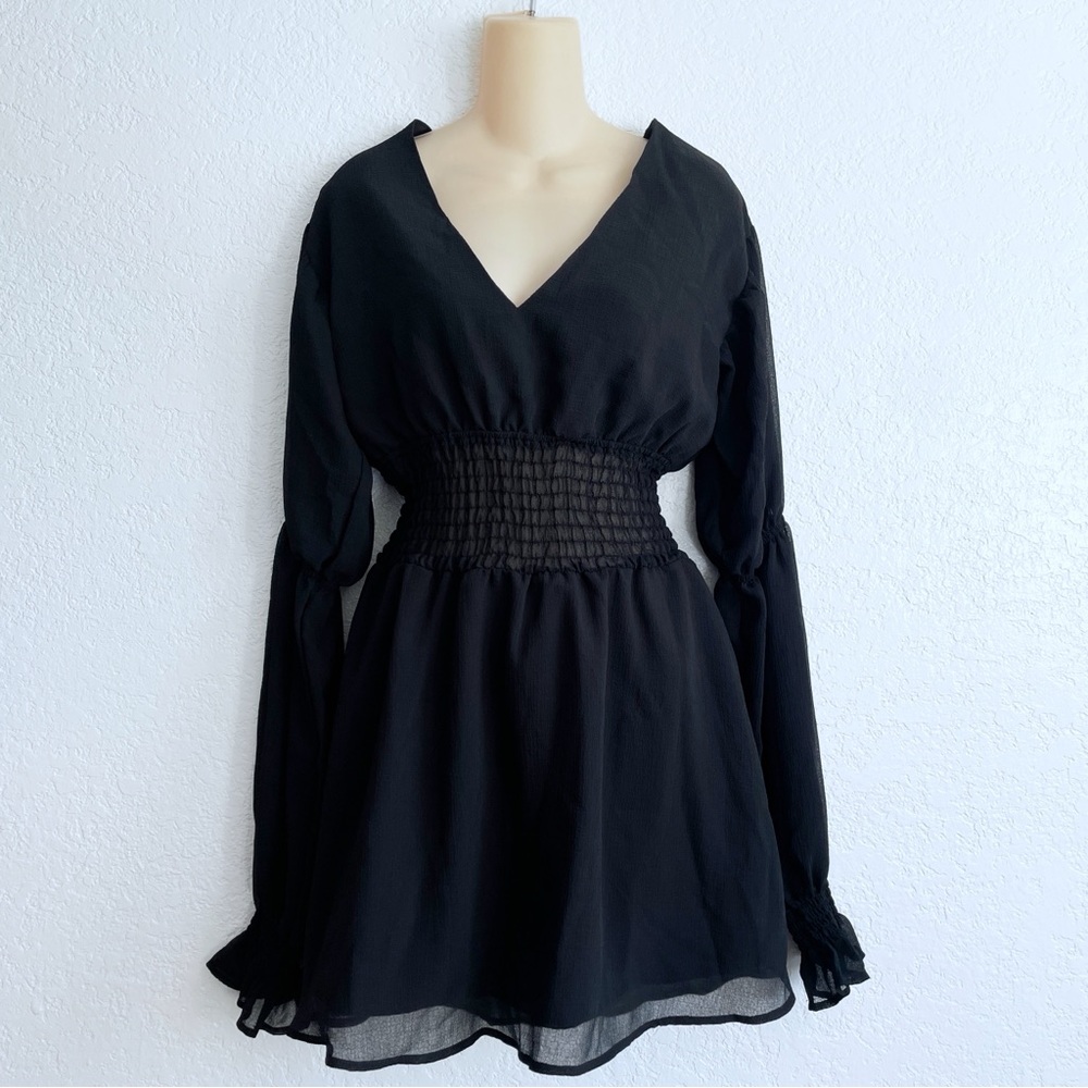 NA-KD Smocked Elastic Waist V-Neck Black Mini Dress Open Back Goth Fairy Dark